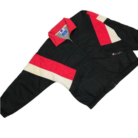 VINTAGE CHAMPION WINDBREAKER LARGE L MENS BLACK SWEATSHIRT JACKET SCRIPT LOGO - Picture 2 of 5